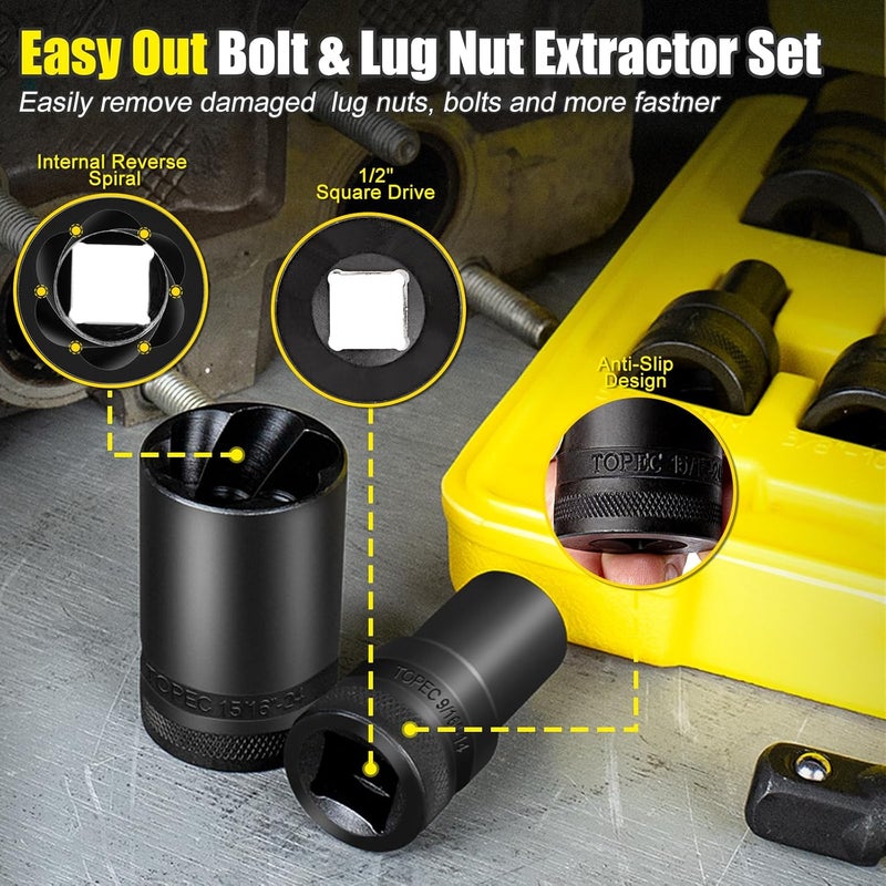 Topec 17Pcs Lug Nut Extractor Set, 1/2" Drive Locking Lug Nut Removal Tool, 8-27mm Wheel Lock Removal Kit, Deep Bolt Extractor Socket Set for Stripped, Broken, Rounded Bolts - Image 4